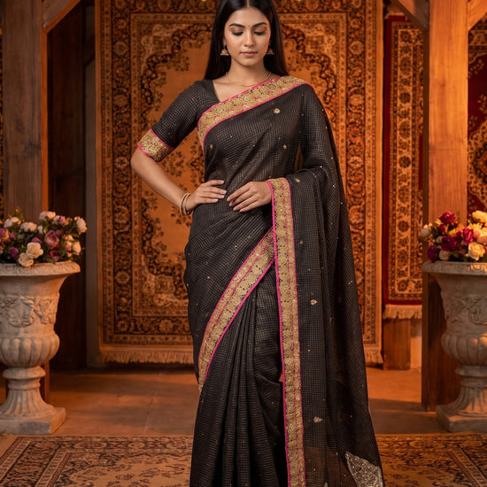 Black Tussar Embroidered Saree - Full Drape