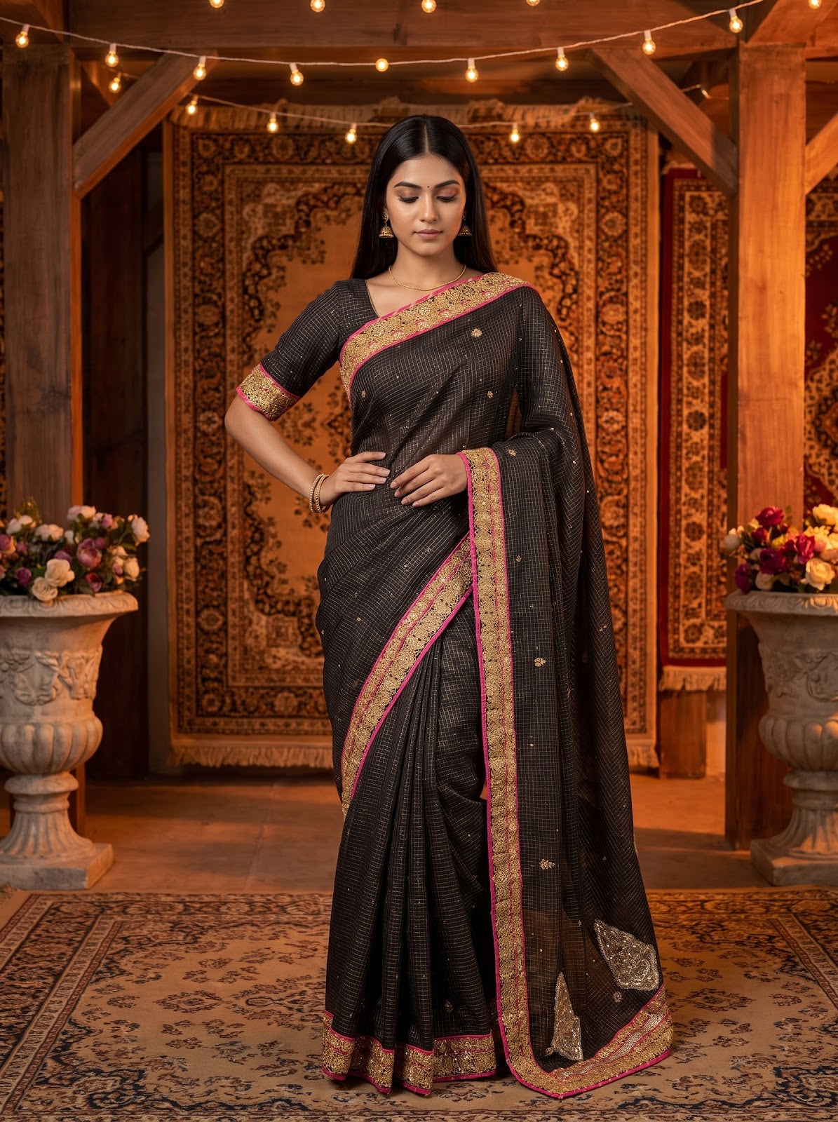 Black Tussar Embroidered Saree - Full Drape