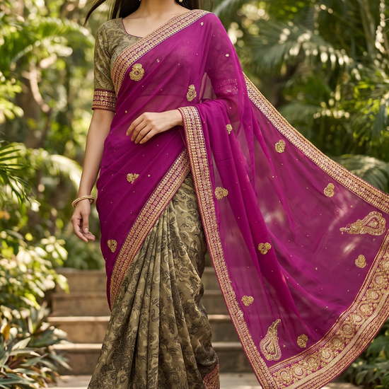 Magenta Georgette Crepe Embroidered Saree - Hero View