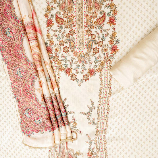 Off White Crepe Unstitched Suit - flat lay with dupatta