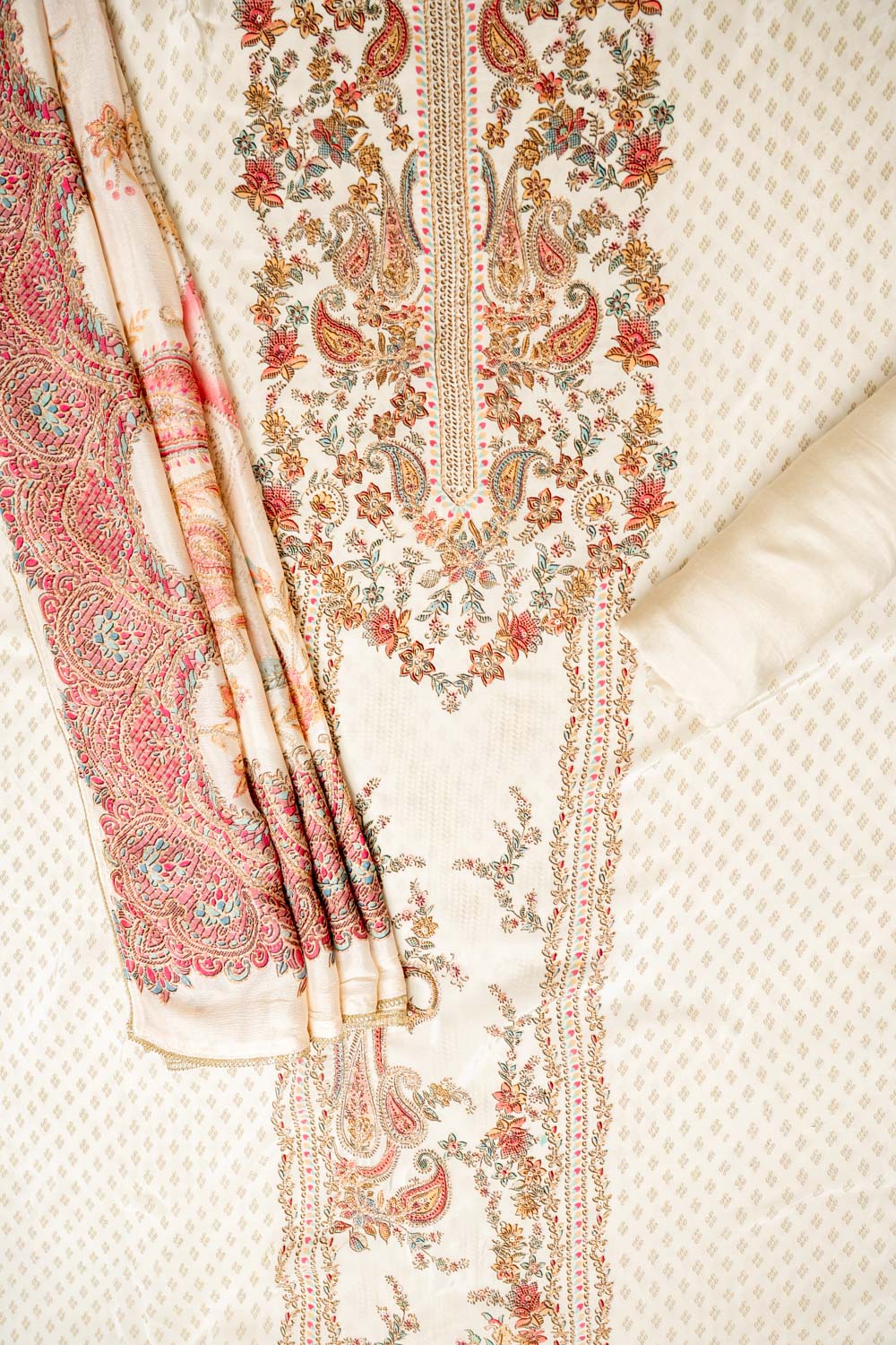 Off White Crepe Unstitched Suit - flat lay with dupatta