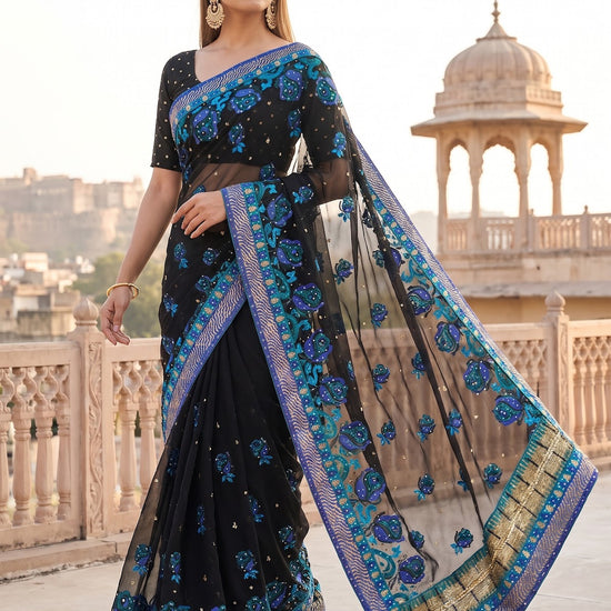 Black Chiffon Embroidered Saree - Full Drape