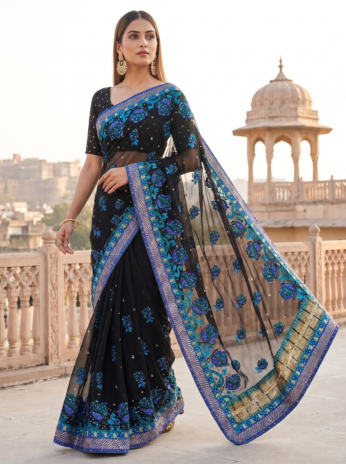 Black Chiffon Embroidered Saree - Full Drape