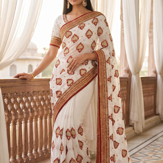 White Georgette Embroidered Saree - Hero View