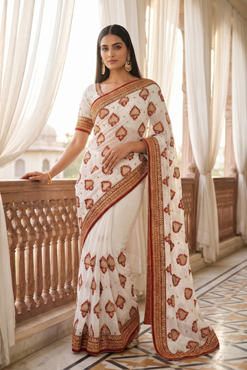 White Georgette Embroidered Saree - Hero View