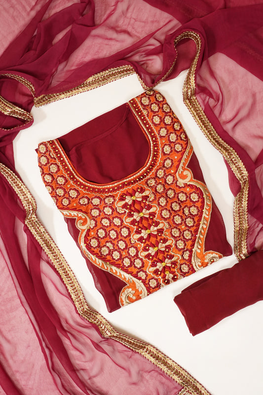 Maroon Jacquard Crepe Semi Stitched Suit Salwar With Dupatta