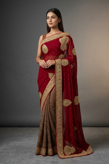 Maroon Tussar Georgette Net Embroidered Saree With Unstitched Blouse