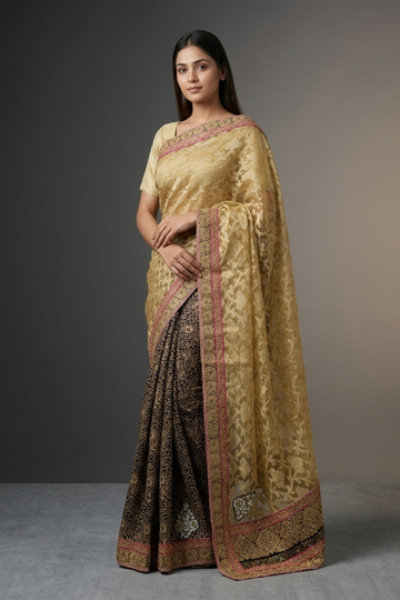 Tussar Black Kora Georgette Embroidered Saree With Unstitched Blouse