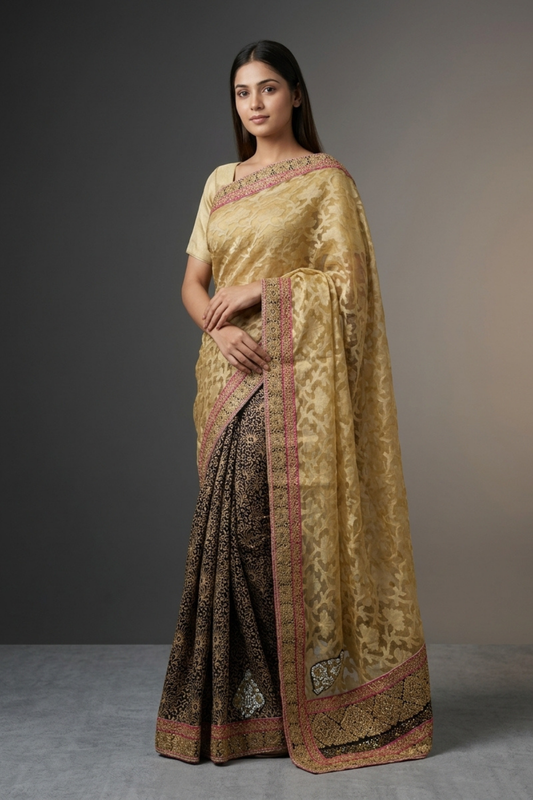 Tussar Black Kora Georgette Embroidered Saree With Unstitched Blouse