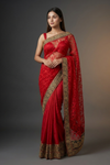 Red Jacquard Embroidered Saree With Unstitched Blouse