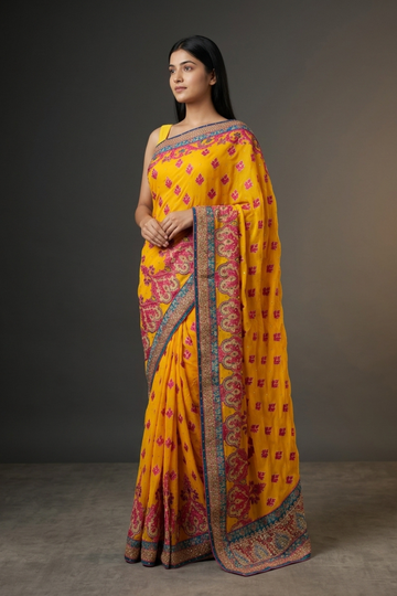 Mustard Georgette Embroidered Saree With Unstitched Blouse