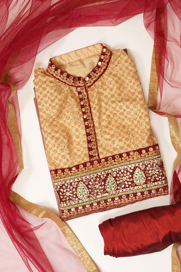 Brown Maroon Banarasi Silk Semi Stitched Salwar Suit With Dupatta