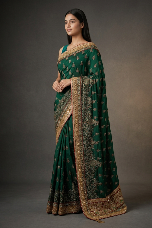 Bottle Green Crepe Embriodered Saree With Unstitched Blouse