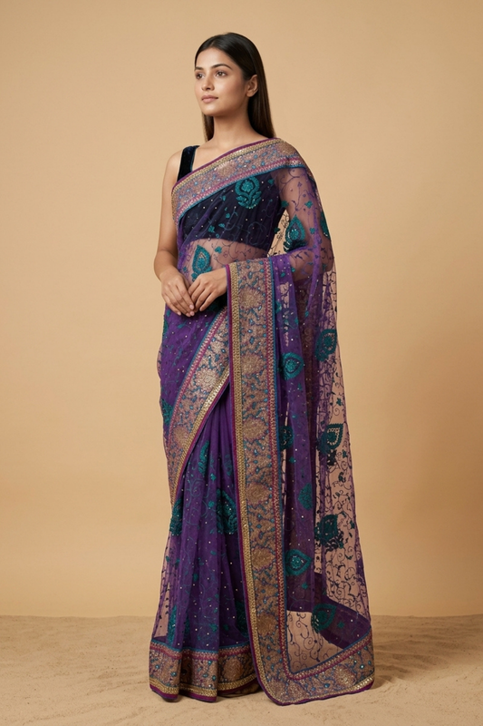 Garnet Net Embroidered Saree With Unstitched Blouse