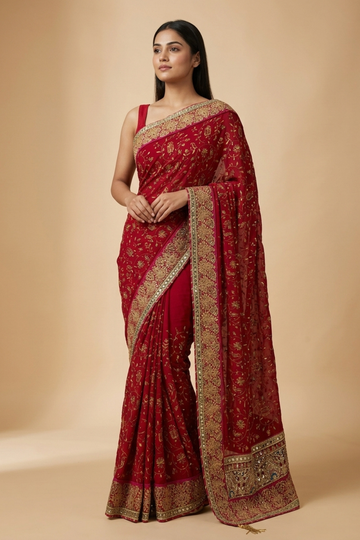 Maroon Crepe Embroidered Saree With Unstitched Blouse