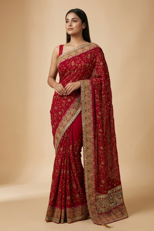 Maroon Crepe Embroidered Saree With Unstitched Blouse