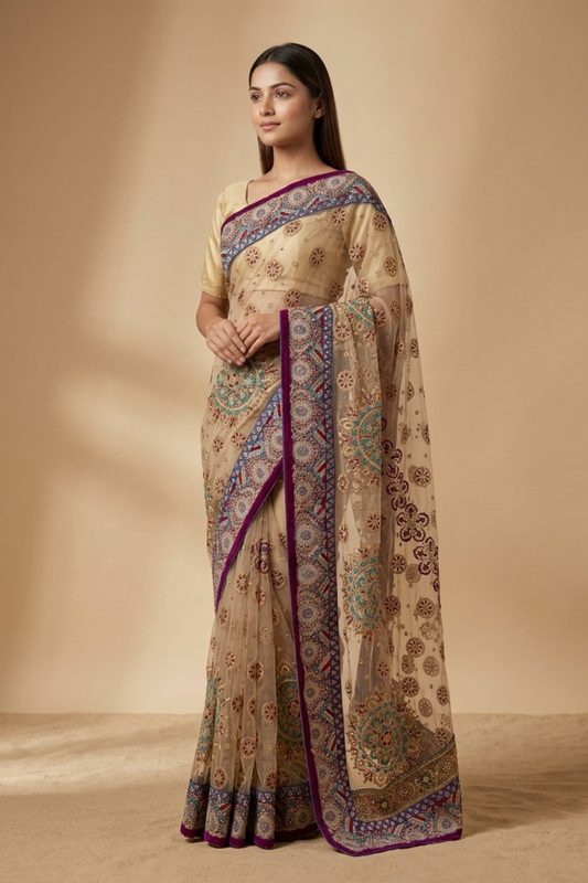 Tussar Net Embroidered Saree With Unstitched Blouse