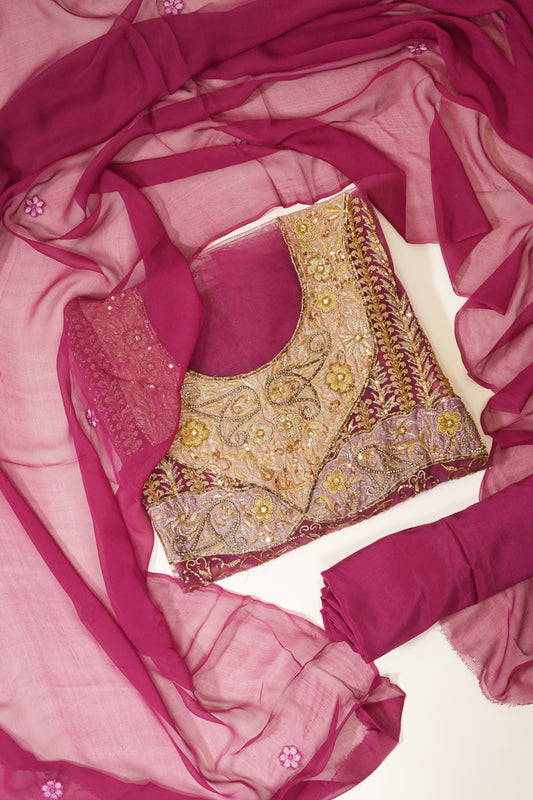 Magenta Net Unstitched Suit Salwar With Dupatta