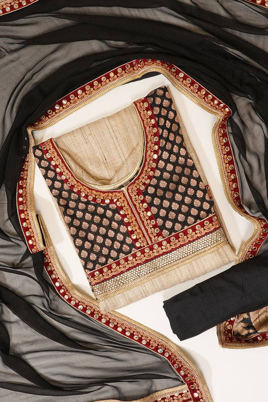 Tussar Black Tussar Semi Stitched Salwar Suit With Dupatta
