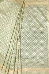 Pista Cotton Banarasi Woven Zari Saree With Unstitched Blouse