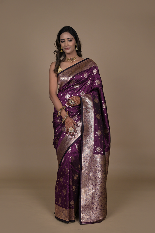 Wine Banarasi Woven Zari Saree With Unstitched Blouse