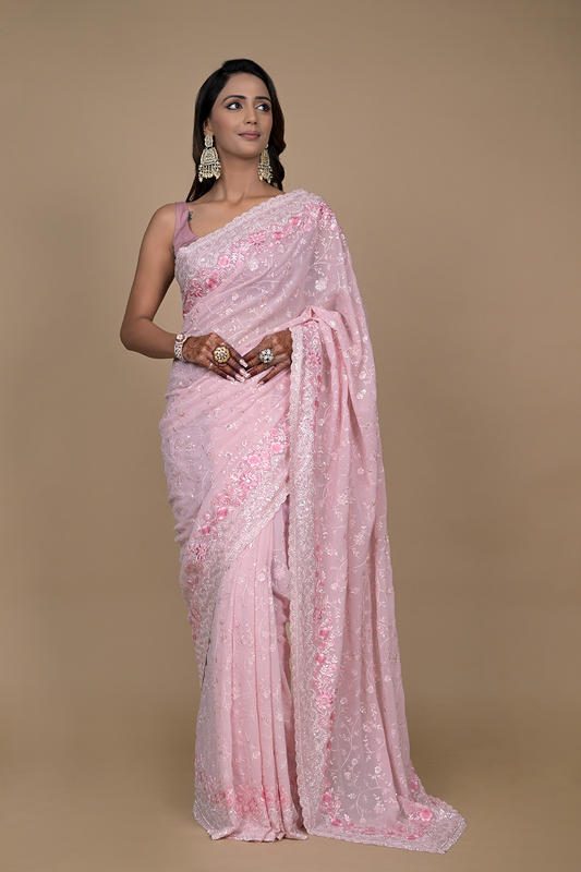 Pink Sequence & Threadwork, Embroidered Designer Georgette Saree With Unstitched Blouse