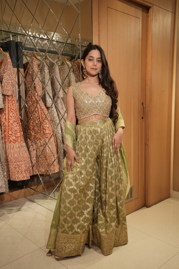 Pista Green Shimmer Tissue Readymade Sharara Set With Georgette Dupatta (Ft:-Muskan Sharma)