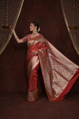 Red Banarasi Silk Woven Zari Saree With Unstitched Blouse