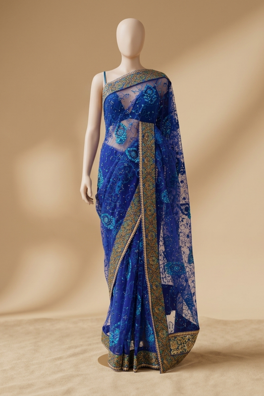 Royal Blue Net Embroidered Saree With Unstitched Blouse