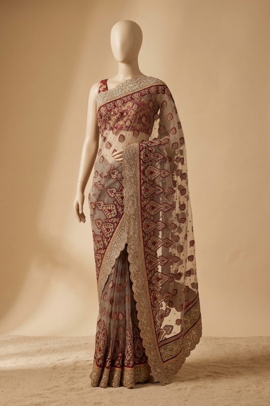 Mouse Net Embroidered Saree With Unstitched Blouse