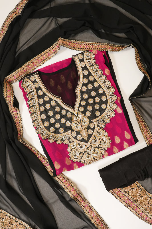 Black Khaddi Georgette Semi Stitched Suit Salwar With Dupatta
