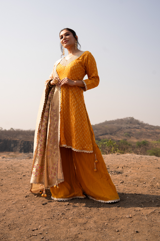 Mustard Dolna Readymade Sharara Set With Organza Dupatta