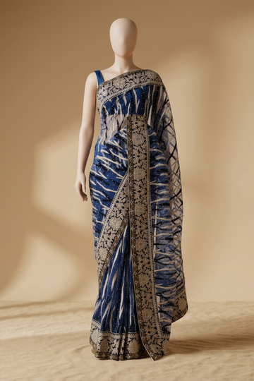 Grey Net Embroidered Saree With Unstitched Blouse