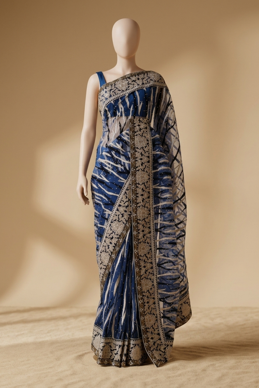 Grey Net Embroidered Saree With Unstitched Blouse