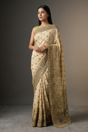 Pista Crepe Embroidered Saree With Unstitched Blouse