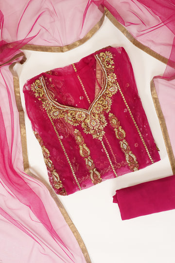 Magenta Net Semi Stitched Salwar Suit With Dupatta