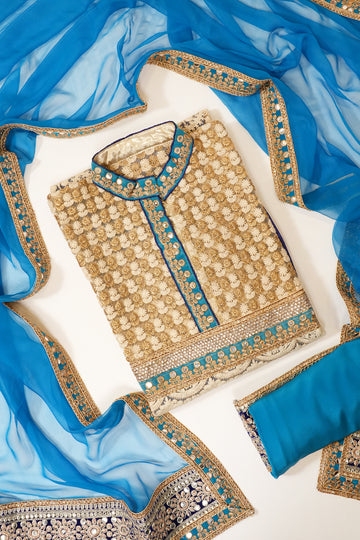 Tussar Firozi Net Georgette Semi Stitched Suit Salwar With Dupatta