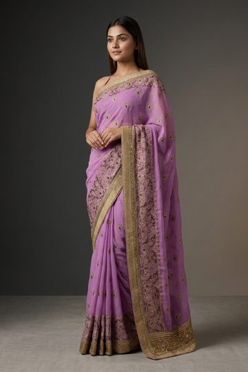 Mauve Chiffon Embroidered Saree With Unstitched Blouse