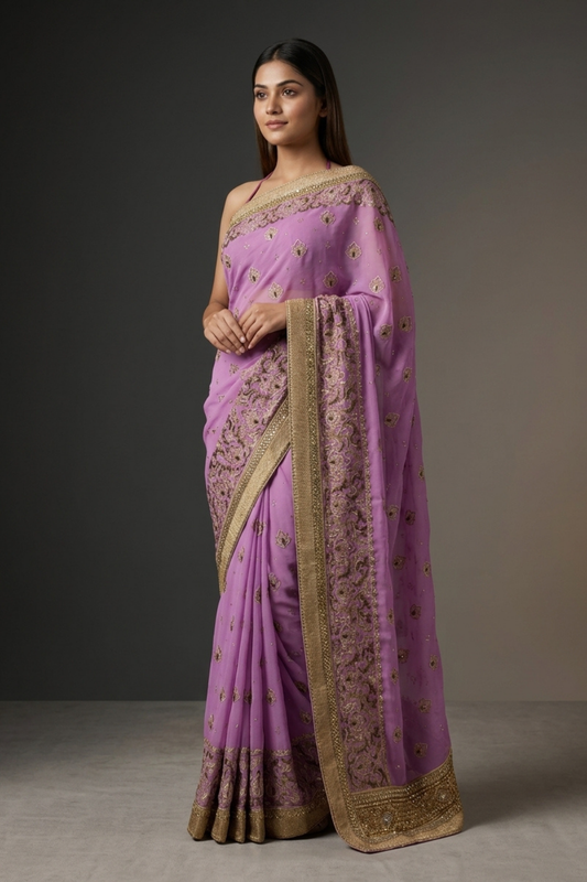 Mauve Chiffon Embroidered Saree With Unstitched Blouse