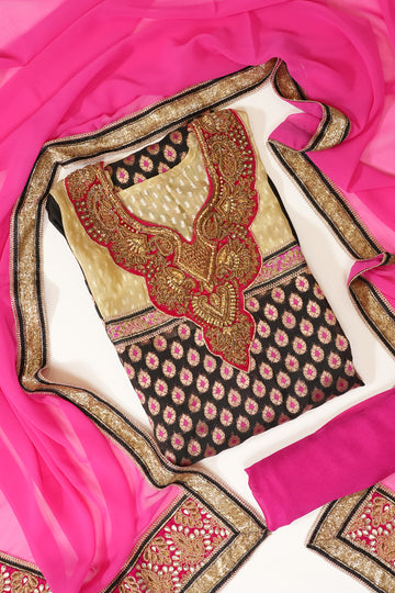 Black Upada Silk Semi Stitched Salwar Suit With Dupatta