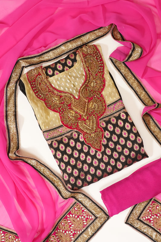 Black Upada Silk Semi Stitched Salwar Suit With Dupatta