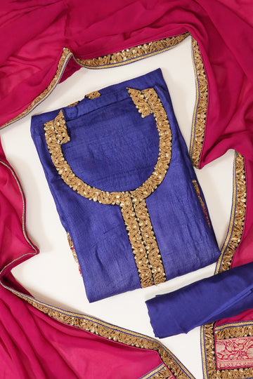 Royal Blue Rani Tussar Chinon Semi Stitched Salwar Suit With Dupatta