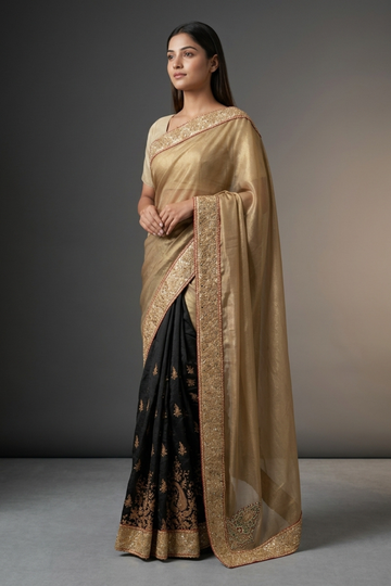 Tussar Black Foil Tussar Embroidered Saree With Unstitched Blouse