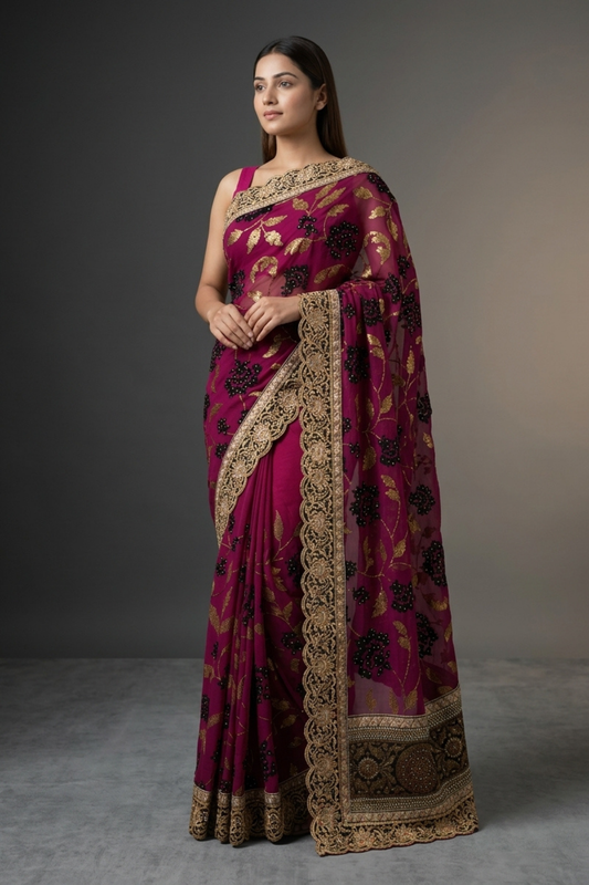 Magenta Chiffon Embroidered Saree With Unstitched Blouse