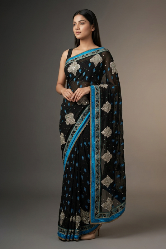 Black Chiffon Embroidered Saree With Unstitched Blouse