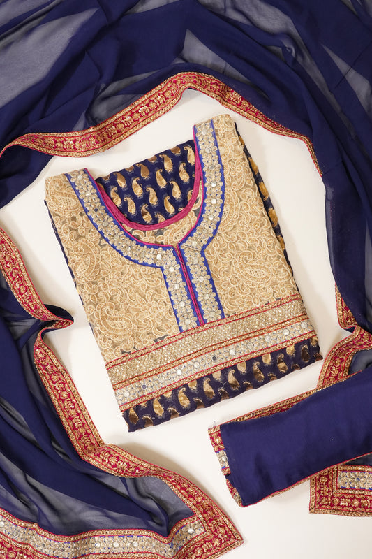 Navy Khaddi Georgette Semi Stitched Suit Salwar With Dupatta