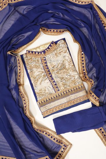 Navy Tussar Jacquard Crepe Net Semi Stitched Salwar Suit With Dupatta