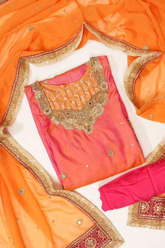 Rani Orange Banarasi Silk Semi Stitched Salwar Suit With Dupatta