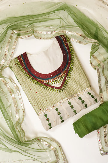 White & Green Net Semi Stitched Salwar Suit With Dupatta