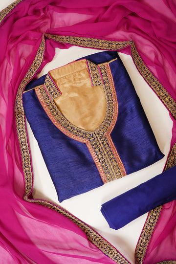 Royal Blue Tussar Semi Stitched Salwar Suit With Dupatta
